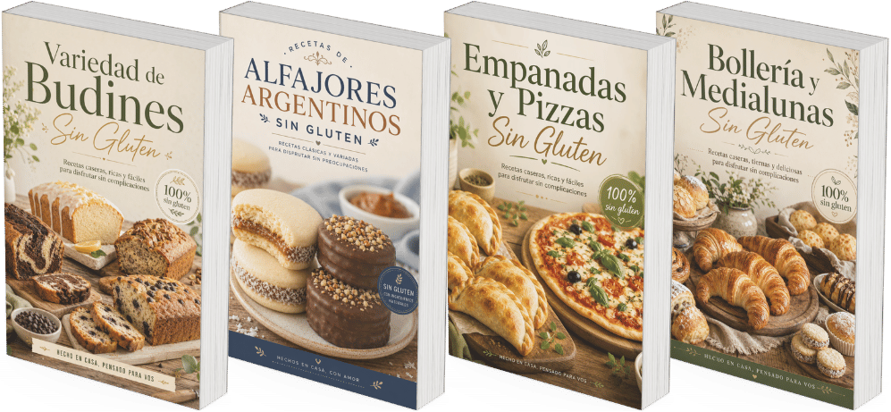4 recetarios de regalo: Facturas sin gluten, Pizzas y empanadas, Budines Mágicos y Alfajores Argentinos sin gluten